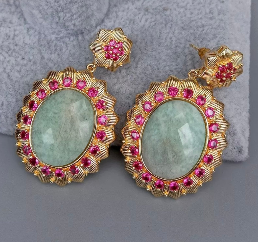 Green Amazonite Gemstone and Pink Bezel Statement Earrings 2"