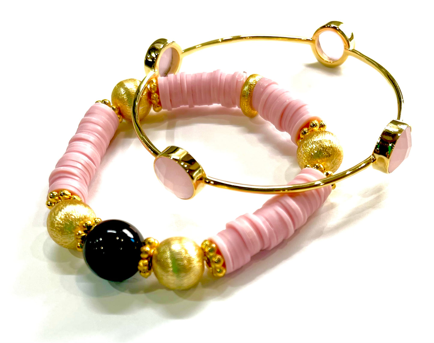 Petite Pink Quartz and Black Onyx Bracelet Set
