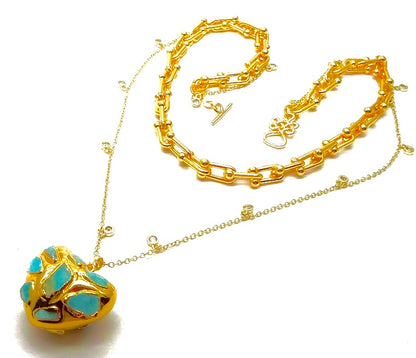 Chic 18k Gold-Filled Double Chain Necklace with Larimar Heart Pendant