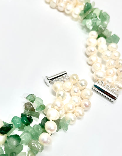 Green Amazonite Gemstones and Freshwater Pearls Triple-Strand Statement Necklace 19"