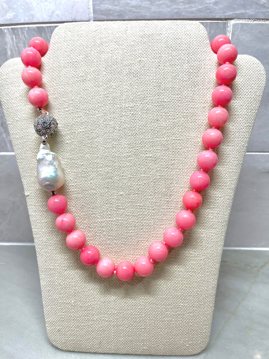 Natural Pink Rhodochrosite & Baroque Pearl Double-Knotted Necklace 18