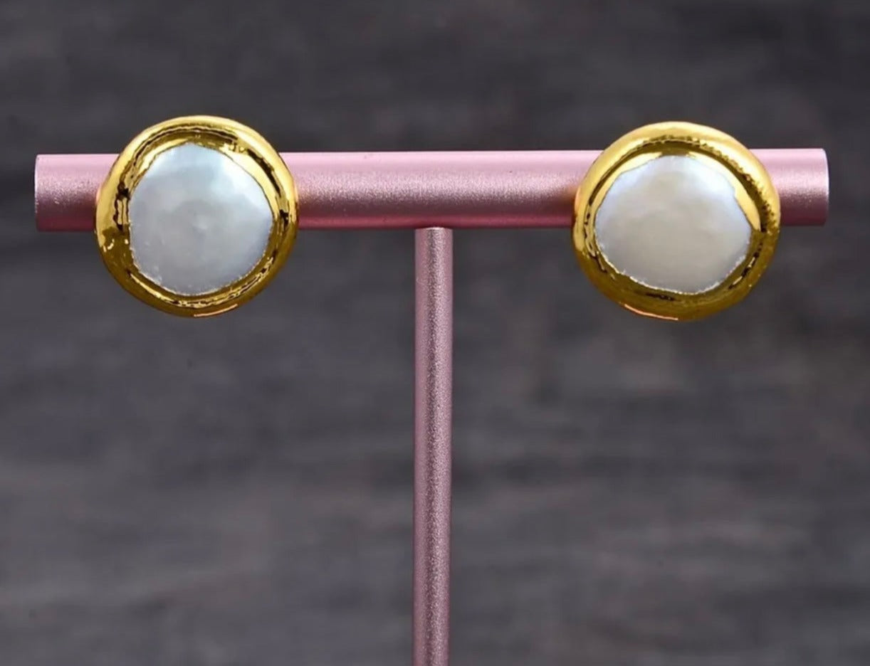 White Coin Pearl Gold Stud Earrings