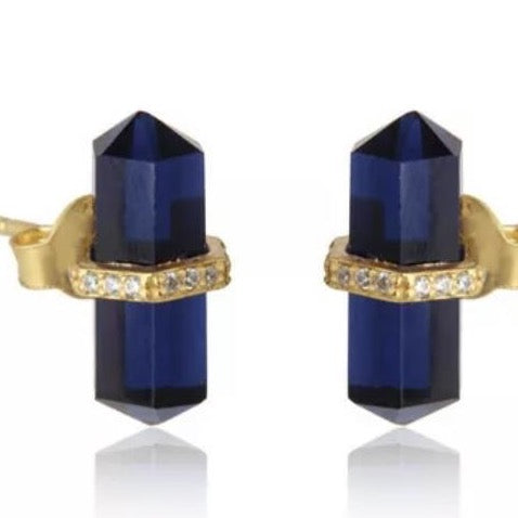 Dark Blue Sapphire and CZ Gemstone Pencil Stud Earrings