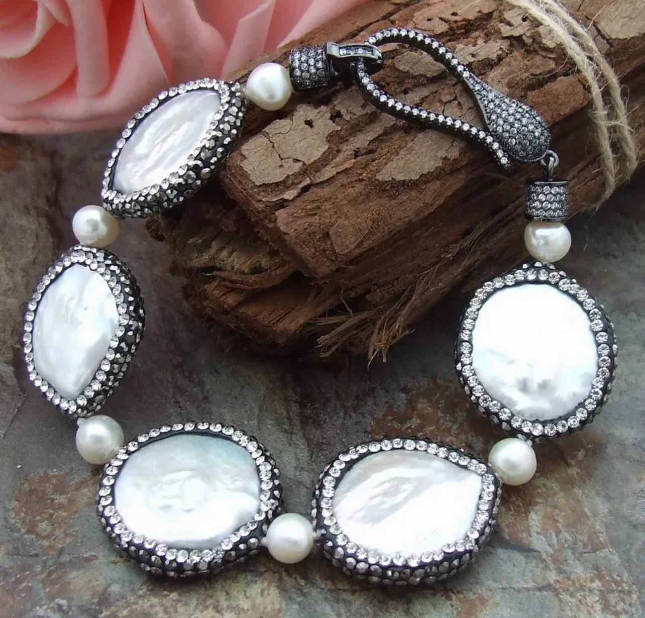 Lovely Black Marcasite and Freshwater Coin Pearls Gemstone Bracelet