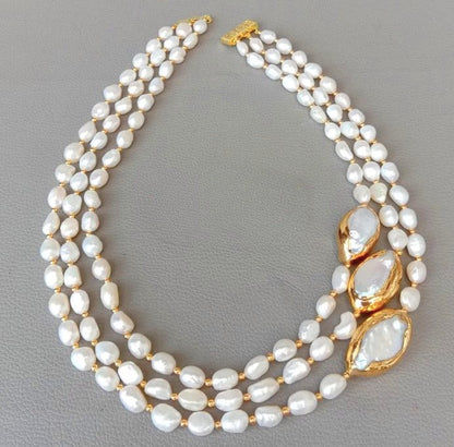 Baroque and Keshi Pearl Triple-Strand Gold Statement Necklace