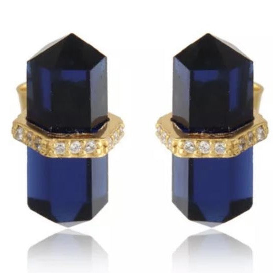 Dark Blue Sapphire and CZ Gemstone Pencil Stud Earrings