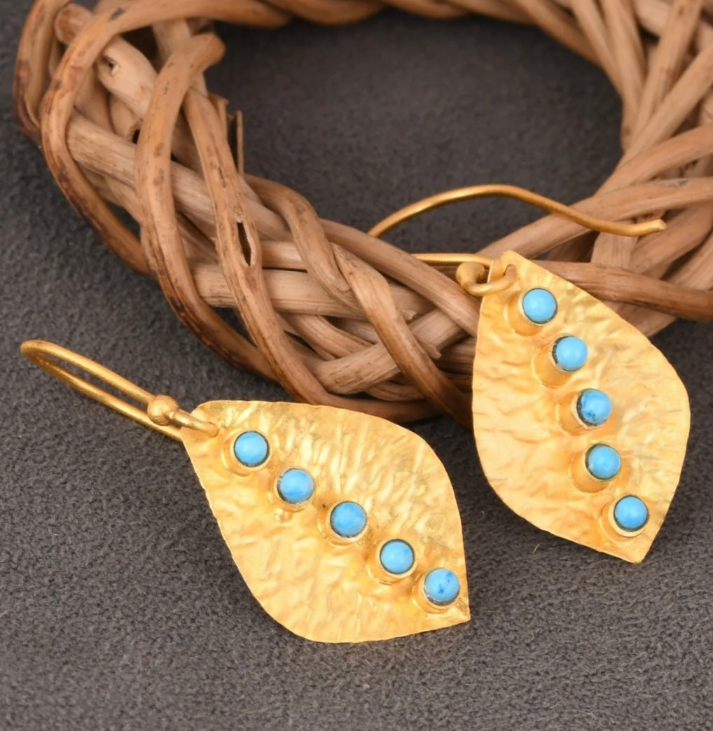 Petite 24k Gold Leaf Hammered Turquoise Earrings 1.0”