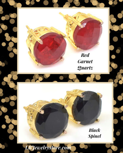 Red Garnet Quartz and Black Spinel Gemstone Stud Earrings
