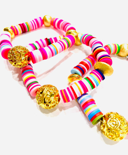 Eye-Catching Gold “Bali” and Brushed Gold Vermeil Multi-Color Heishi Polymer Bracelet