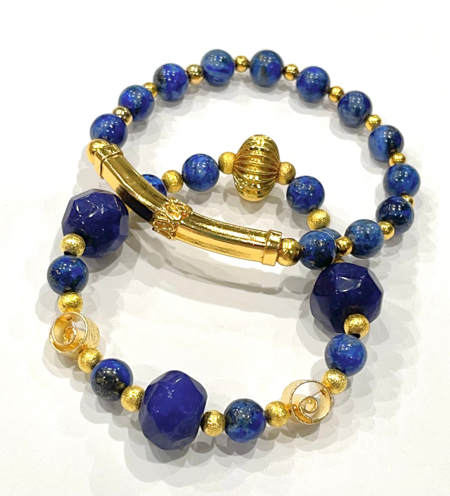 Lapis Lazuli and Sapphire Gemstone Gold Bracelet Stack