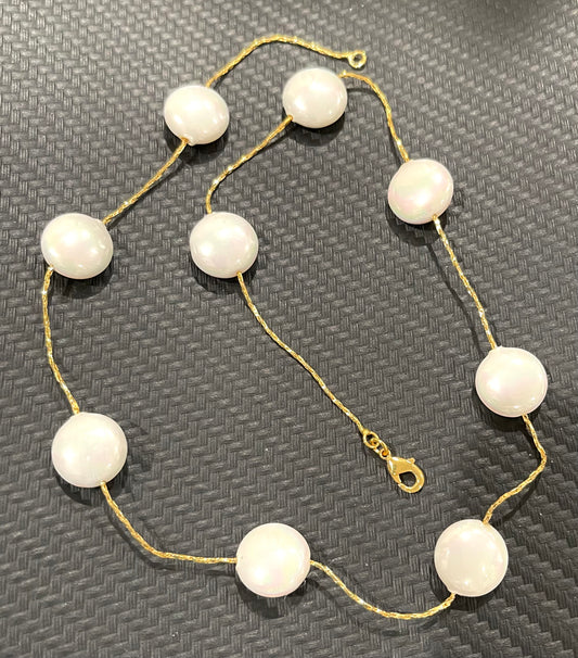 White Coin Pearl Gold-Filled Chain Necklace 18