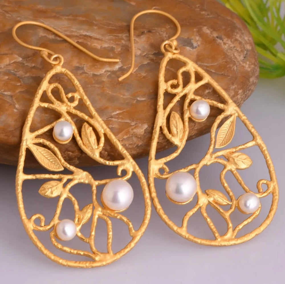 Leaf-Shape 24k Gold Vermeil and Pearls Statement Earrings 2.75”