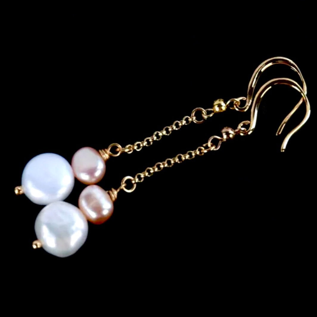 Dainty Pink and White Pearl Chain Earrings 1.5”