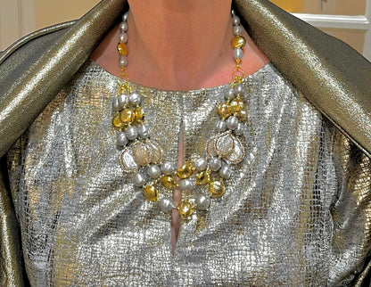 Triple-Strand Brushed Gold Vermeil & Grey Pearls Statement Necklace