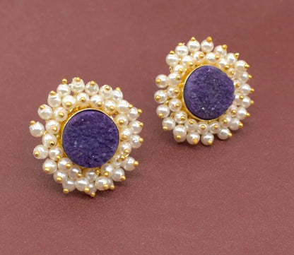 Purple Druzy and Pearl Cluster Gemstone Statement Earrings 1”