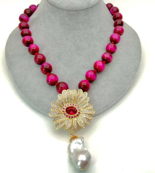 Elegant Fuchsia Tiger’s Eye and Baroque Pearl Pave Pendant Statement Necklace 18