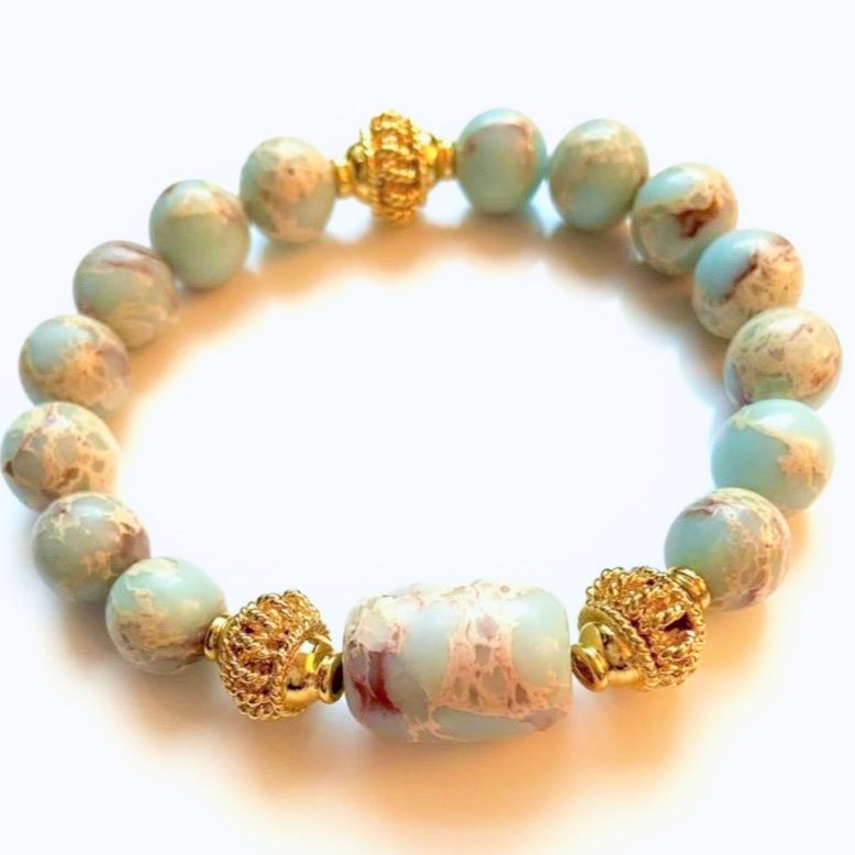Aqua Terra "Impression" Jasper Gold Bali Beaded Bracelet