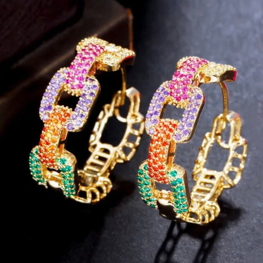 Dazzling Multi-Color Pave Crystal Cuban Chain Link Hoops Earrings 1.0”