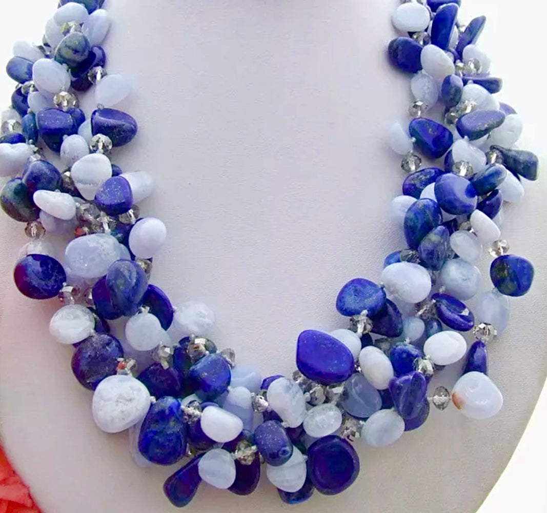 Stunning Light Blue Lace & Lapis Lazuli Gemstone Five-Strand Statement Necklace 21”