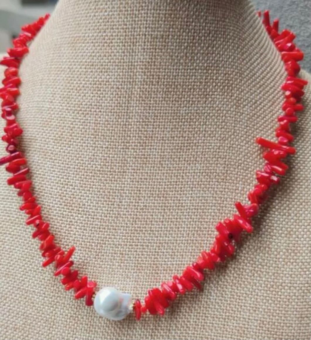 Red Cluster Coral Baroque Pearl Statement Necklace 18”