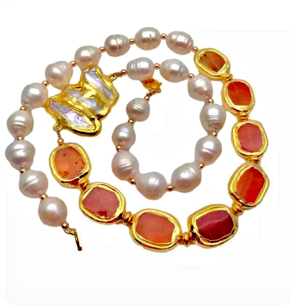Stylish Orangle Carnelian and Freshwater Pearls Gemstone Statement Necklace 23”