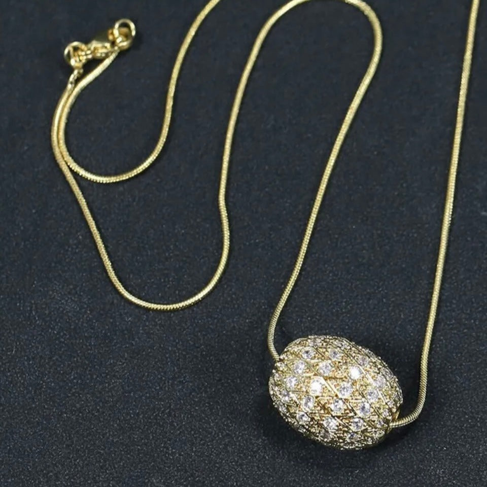 Gold Micro Pave Oval Egg Pendant Chain Necklace 18"