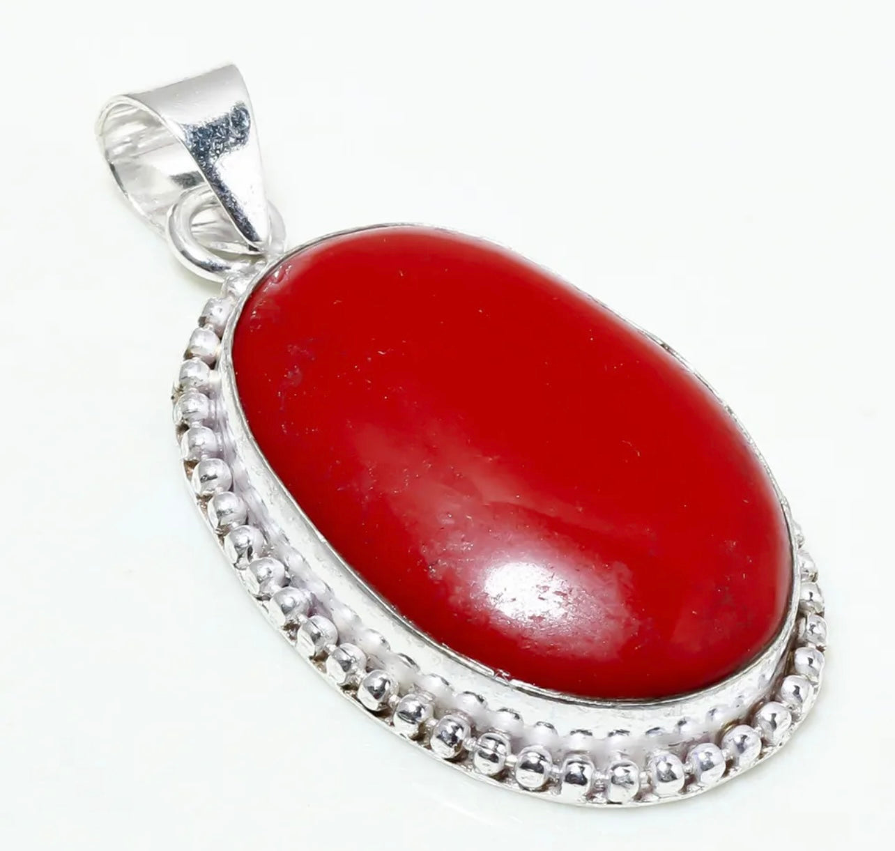 Sterling Silver Italian Red Coral Gemstone Pendant Necklace 2.20"