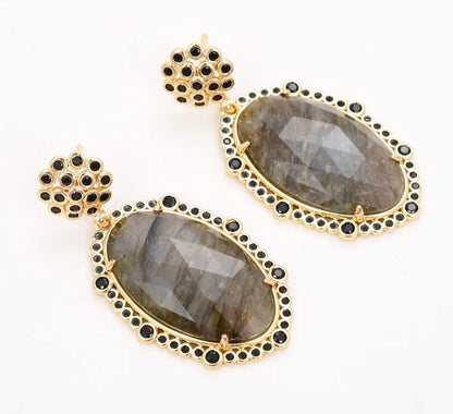 Natural Labradorite Faceted Oval Shape Pave Gold Statement Dangle Studs 1.7”