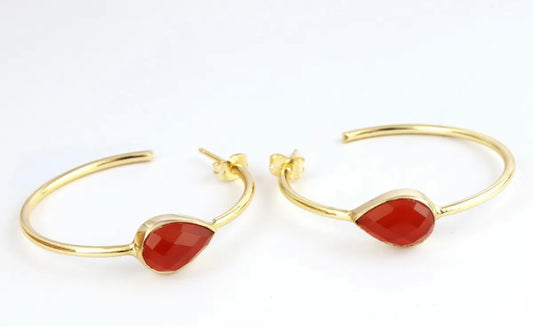 Pear-Shaped Orange Carnelian Gemstone Hoop Earrings 2.25”
