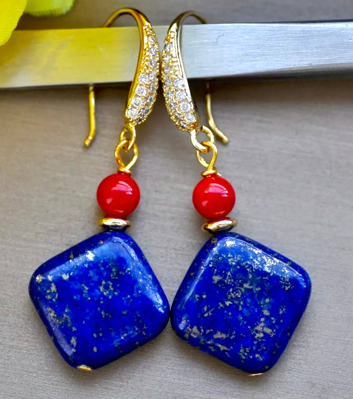 Lapis Lazuli & Red Coral Gemstone Gold Dangle Earrings 1.5"