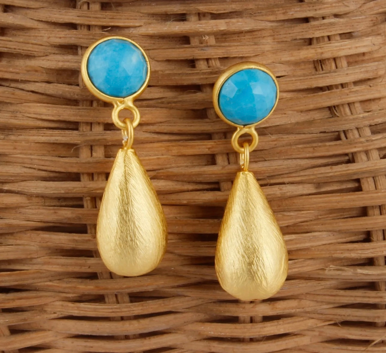 Turquoise Gemstones and 22k Brushed Gold Vermeil Teardrop Dangle Earrings 1.5”