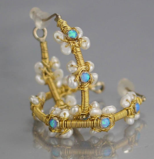 Blue Opal & Freshwater Pearl Gemstone Statement Hoop Earrings