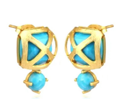 Criss Cross Turquoise Gemstone Gold Stud Earrings 1”