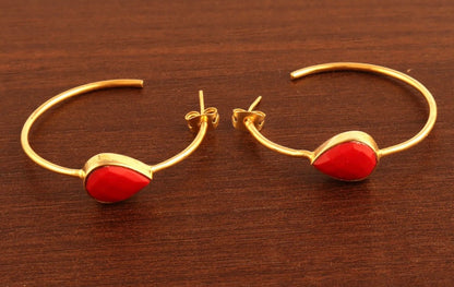 Pear-Shaped Red Coral Gemstone Gold Hoop Earrings 2.25”