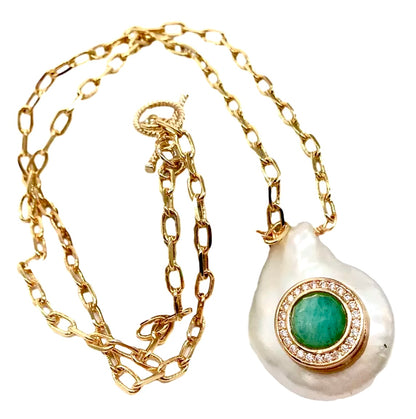 White Coin Pearl & Green Amazonite Pendant Gold Chain Necklace