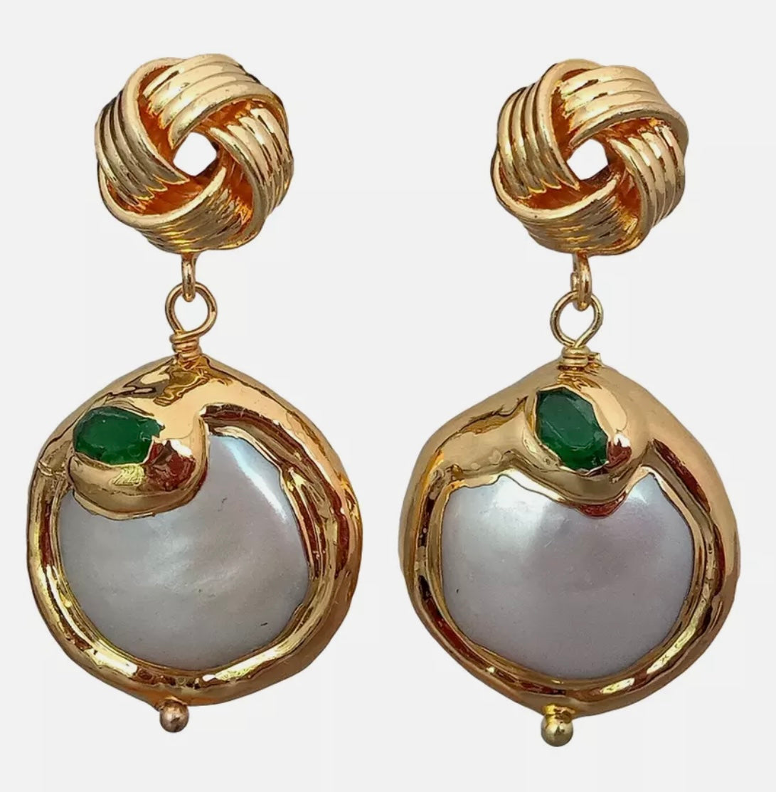 White Coin Pearl Green Jade Dangle Earrings 1.5”