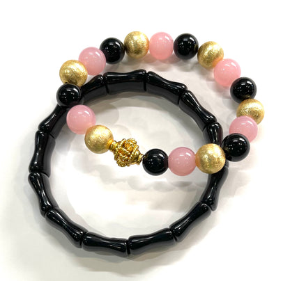 Pink Quartz and Black Onyx Gemstone Bracelet Stack