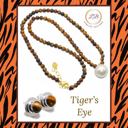 Tiger’s Eye Gemstone Pearl Pendant Necklace and Earrings Set