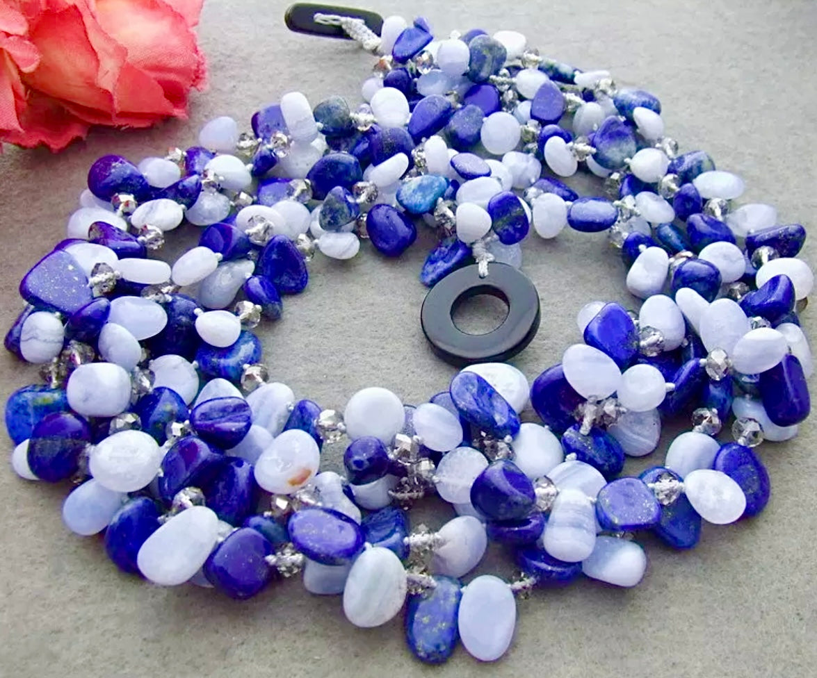 Stunning Light Blue Lace & Lapis Lazuli Gemstone Five-Strand Statement Necklace 21”