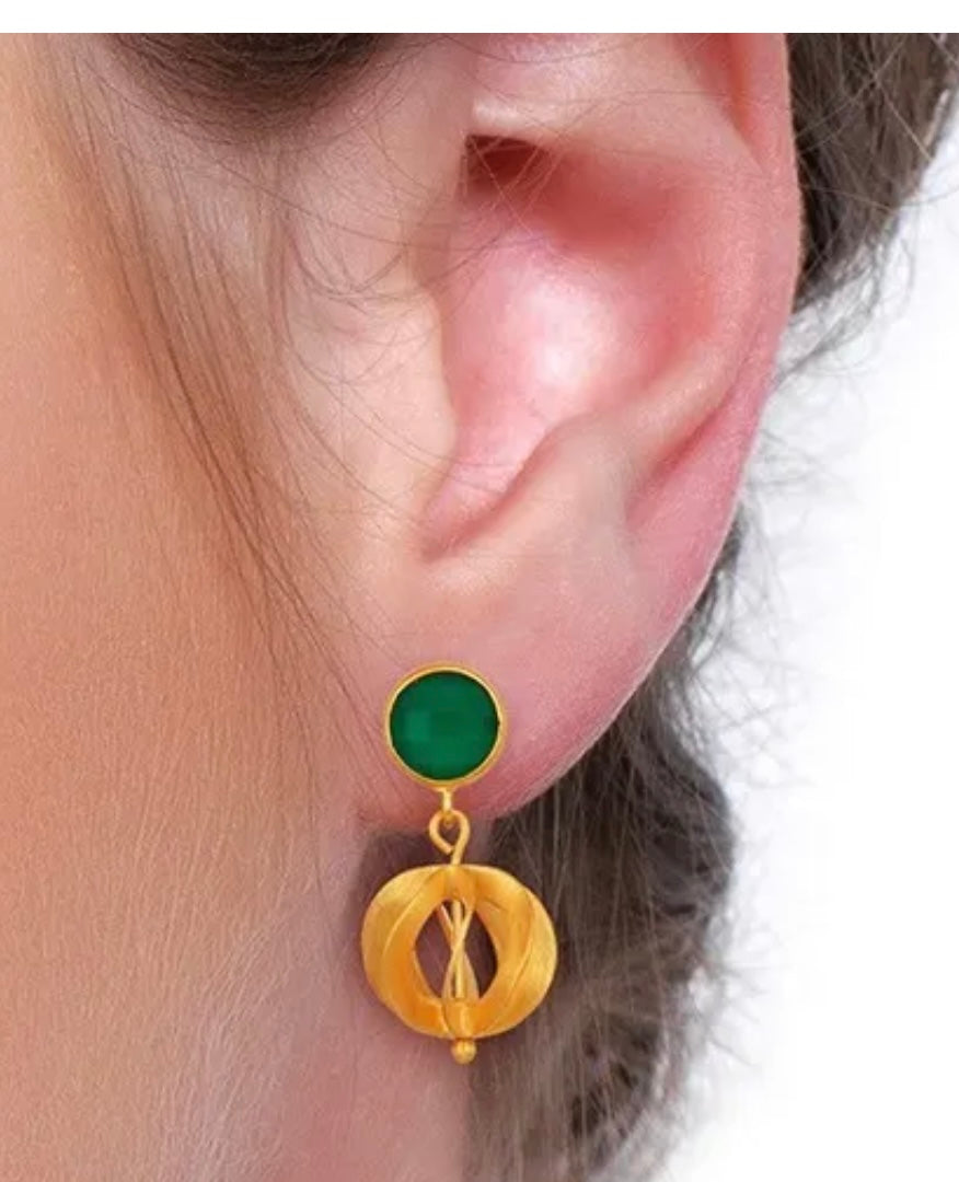 Green Onyx Gold Vermeil Filigree Dangle Earrings 1.18”