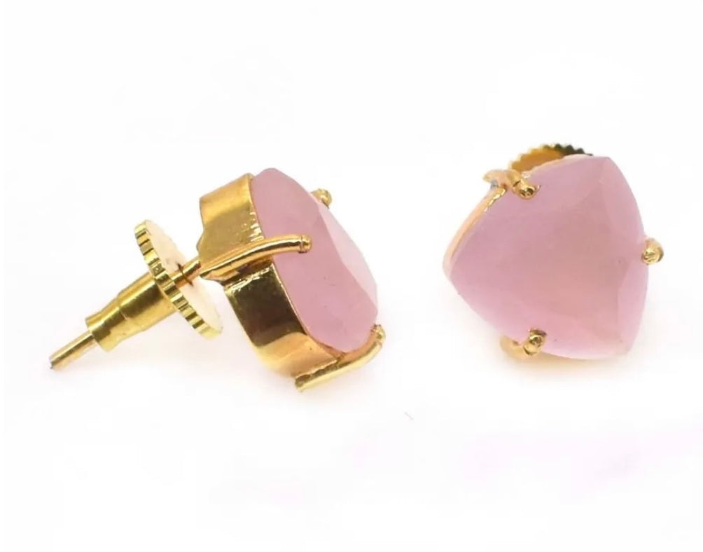 Trillion-Cut Rose Quartz Gemstone Stud Earrings 1"