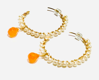 Lightweight Freshwater Pearls & Orange Carnelian Gemstone Gold Hoops