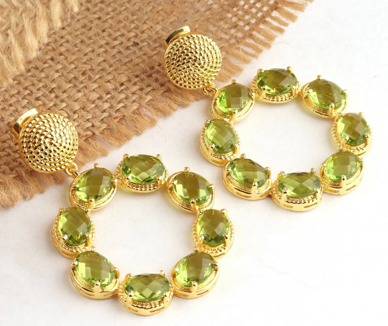Green Peridot Gemstones Gold Twisted Statement Earrings 2”