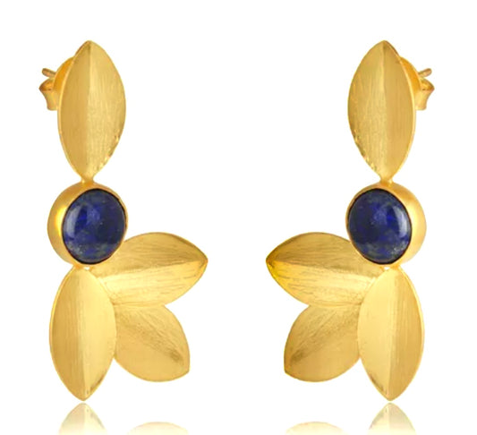 Lapis Lazuli Gemstone Leaf Design 22k Brushed Gold Vermeil Statement Earrings 2
