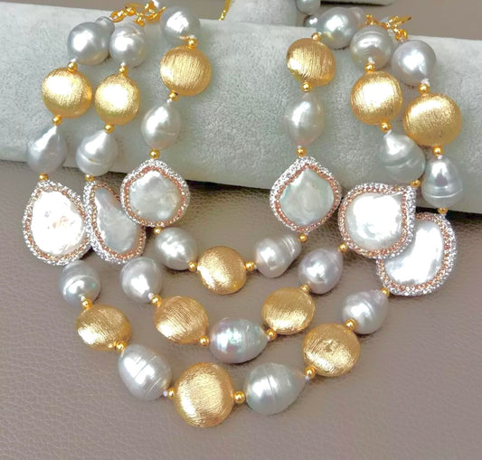 Radiant Triple-Strand Brushed Gold Vermeil & Grey Pearls Statement Necklace