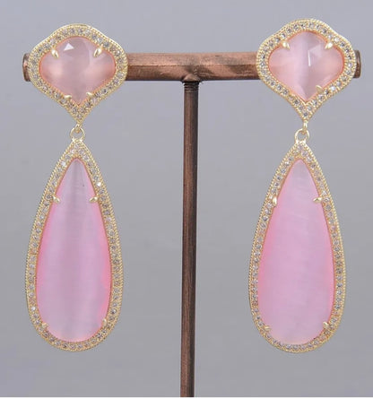 Pastel Pink Cat’s Eye Gemstone Statement Earrings 2.5”