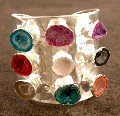 Sterling Silver Multi-Colored Geode Druzy Adjustable Cuff