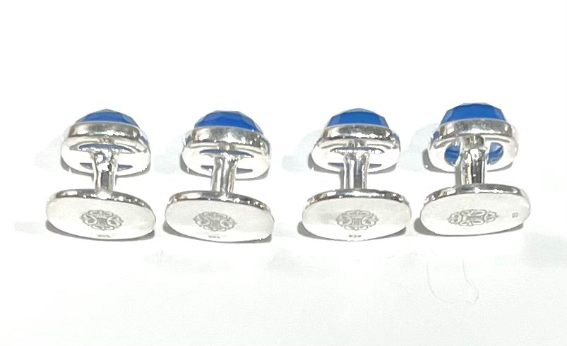 French Blue Chalcedony Gemstone Sterling Silver Cufflinks w/Engraved Logo