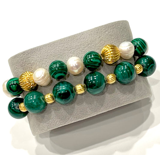 Malachite & Pearl Gemstone Gold Bracelet Stack Set