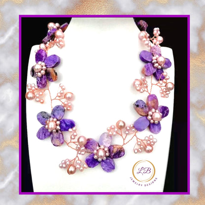 Captivating Purple Charoite Gemstone & Pearl Statement Necklace